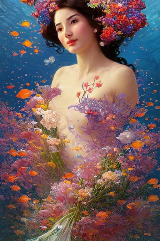 Image similar to portrait of a beautiful mysterious woman holding a bouquet of flowing flowers, small bubbles from her mouth, hands hidden under the bouquet, submerged underwater filled with colorful small fish and coral reef, fantasy, regal, intricate, by stanley artgerm lau, greg rutkowski, thomas kindkade, alphonse mucha, loish, norman rockwell