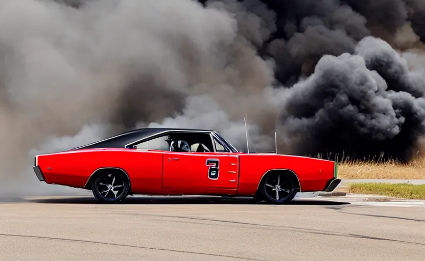 Image similar to a 1 9 6 8 dodge charger r / t drifting, fire explosion in the background