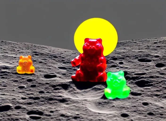 Prompt: a gummy bear walking on the moon staring back at a tiny earth, photorealistic