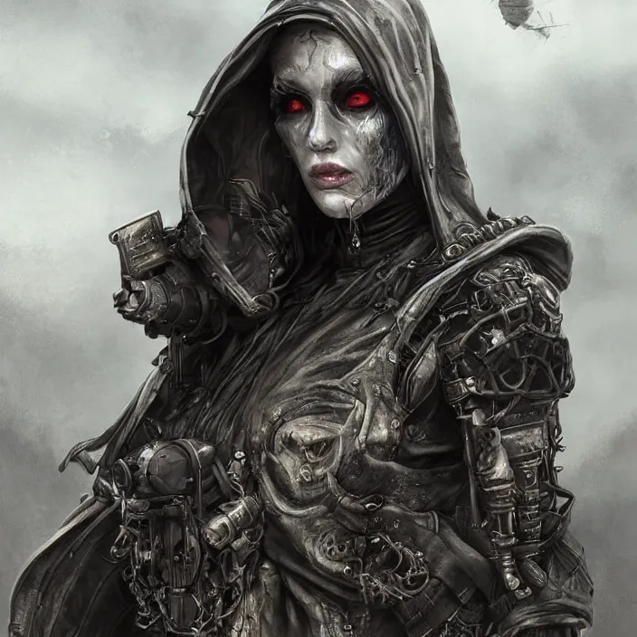 Image similar to beautiful apocalyptic woman in hooded cloak, standing on mad max panzer tank, hyper-detailed, smooth, sharp focus, 4k ultra hd, fantasy dark art, tank girl, artgerm, artstation, octane render, elegant, detailed digital painting, apocalyptic art