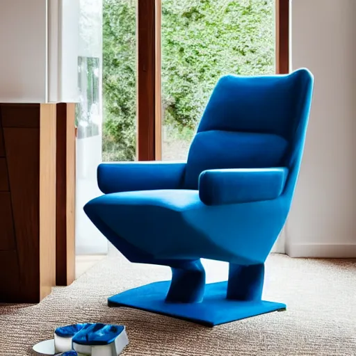 Image similar to a hoovering blue hexagonal armchair