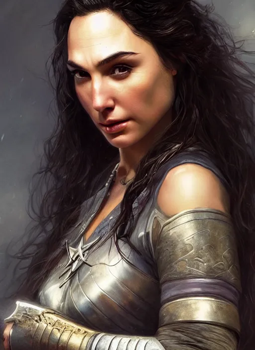 Prompt: A beautiful portrait of Gal Gadot as Yennifer from The Witcher, digital art by Eugene de Blaas and Ross Tran, vibrant color scheme, highly detailed, in the style of romanticism, cinematic, artstation, Greg rutkowski