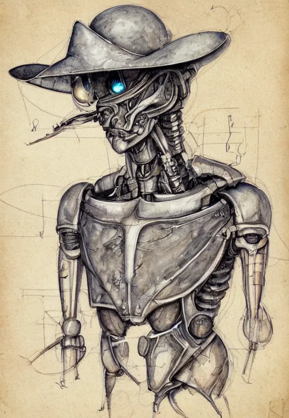Prompt: fantasy, symmetrical human face, robot wearing cowboy hat, vascularity, plant armour, muscular, large camera eyes, realistic, torso and head, bust, diagram, sketchbook, greys anatomy book, sketches, on old distressed parchment paper, watercolour, by brian froud