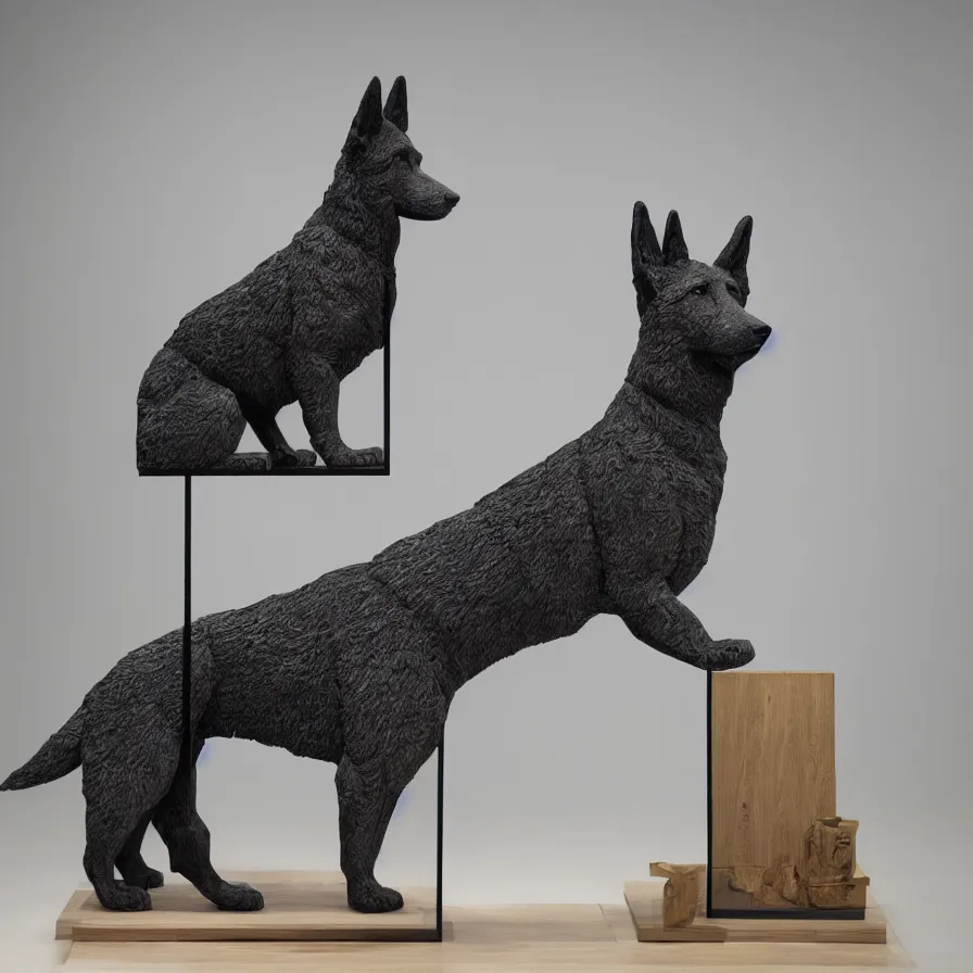 Image similar to beautiful gallery show studio photograph of a giant realistic geometric ceramic sculpture of a german shepherd dog!!!!, heavily glazed by bridget riley and victor vasarely, placed on a polished wooden table, colorful hyperrealism 8 k trending on artstation