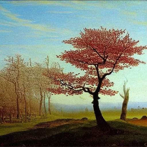 Prompt: beautiful landscape with cherry trees, painted by Caspar David Friedrich, painting