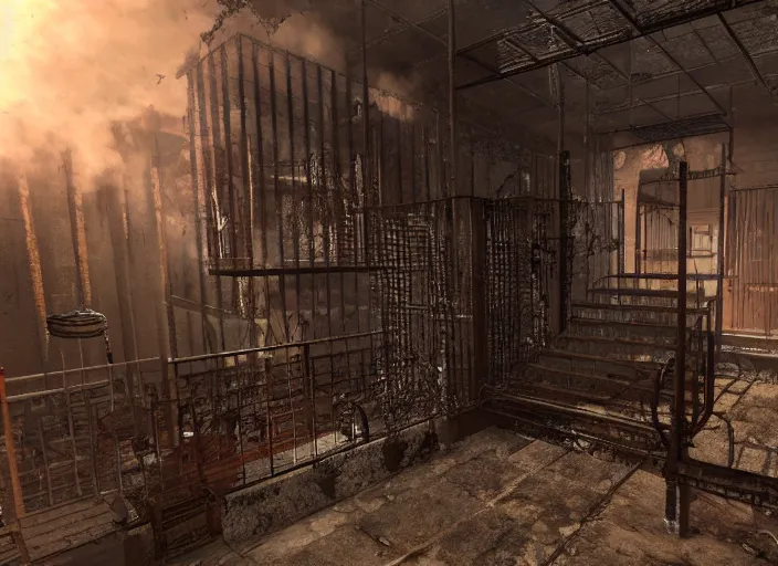 Image similar to wire, grate, iron, pipes, steam, fans, stairs, rust horror darkness, destroyed, highs detailed, unreal engine