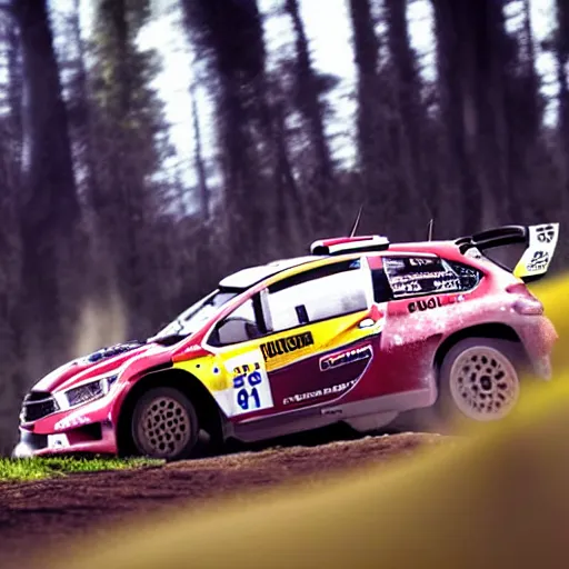 Image similar to close up of rally racing car in forest, cinematographic shot, cartoon