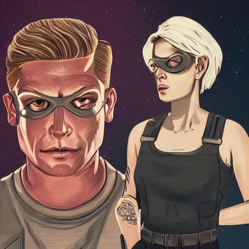 Image similar to detailed illustration of square - jawed emotionless serious blonde woman starship engineer, tribal tattoos, handsome, short slicked - back hair, sweating, uncomfortable and anxious, looking distracted and awkward, wearing victorian dark goggles, dirty white tank top, cargo pants, and gloves, small spacecraft in background, highly detailed, mike mignogna, trending on artstation