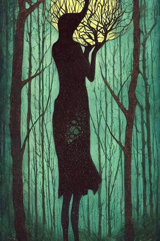 Image similar to tarot card, haunted woods, Art nouveau, by andy kehoe