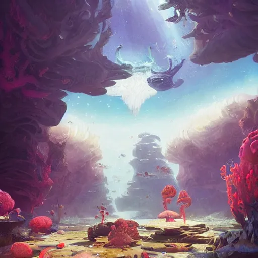 Image similar to Astronauts and some mythical animals are swimming under a sea, this is an extravagant planet with wacky wildlife, the background is full of ancient ruins, by Jordan Grimmer digital art, trending on Artstation,