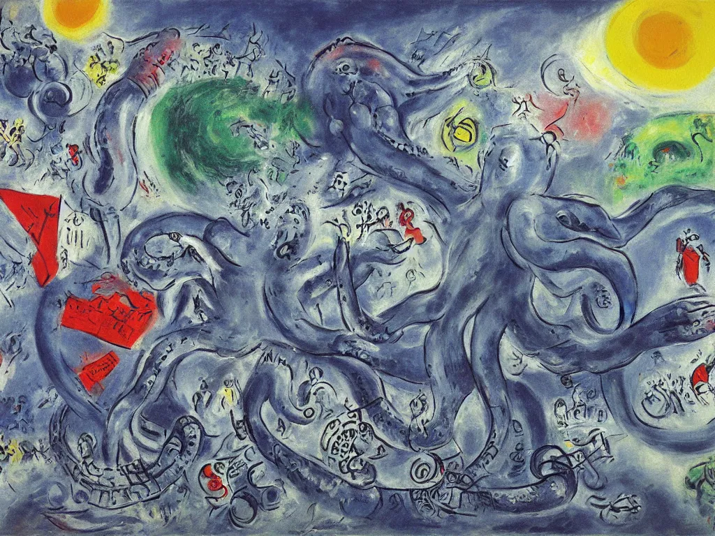 Image similar to giant octopus attacking London, painting by chagall, 4k