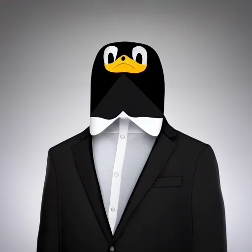 Prompt: Photo of a man in a suit wearing a mask of an emperor penguin, 4k, photorealistic, hd