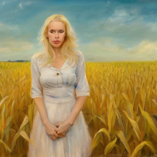 Prompt: a portrait of a petite blonde woman in a cornfield, great body, oil painting, pale colors, high detail, 8 k, wide angle, trending on artstation,