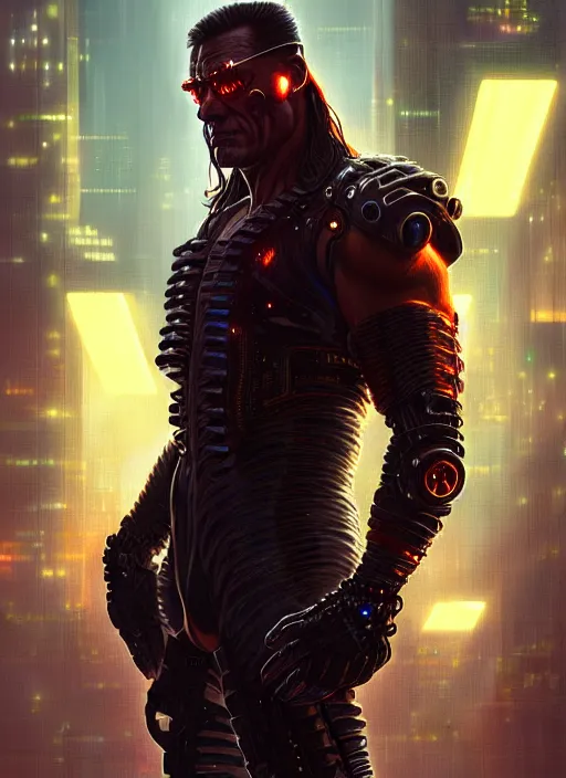 Image similar to van damme as cyberpunk raider, intricate, elegant, glowing lights, highly detailed, digital painting, artstation, glamor pose, concept art, smooth, sharp focus, illustration, art by artgerm and greg rutkowski, artey freytag