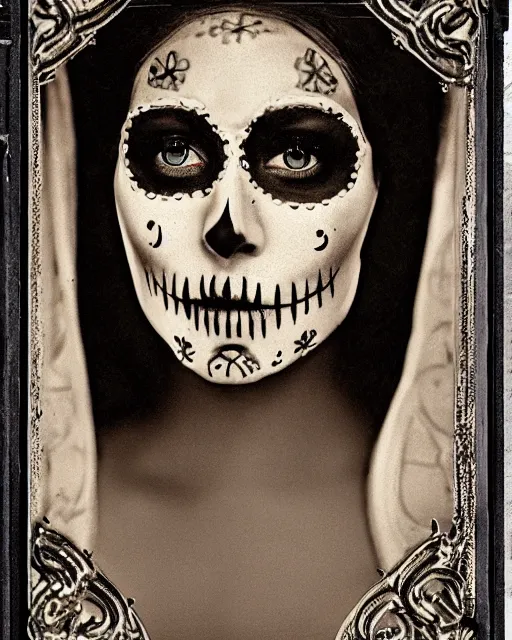 Image similar to tintype virgin mary dressed in dia de muertos makeup high quality photo, microchip, artificial intelligence, bio - mechanical bio - luminescence, black wired cables, neurons, nerve cells, cinematic, rim light, photo - realistic, high detail, 8 k, masterpiece, high fashion, in the style of steven meisel dora maar h. g. giger