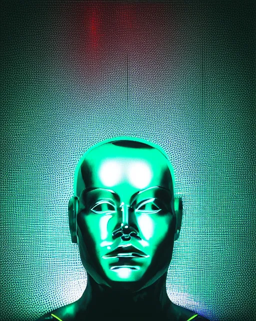 Prompt: dramatic cyberpunk portrait of a metallic marble bust, crystalline, red glow, green glow, blue glow, atmospheric haze, intense shading, optic ripple, backlit, bokeh, centered