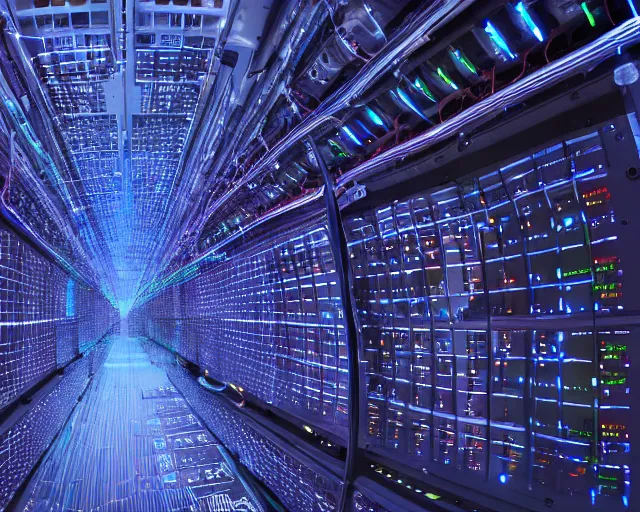 Image similar to datacentre, ai server in the middle, deep view, heavy blue led lights, wires connected, award winning, extremely detailed, artstation, 8 k, incredible art