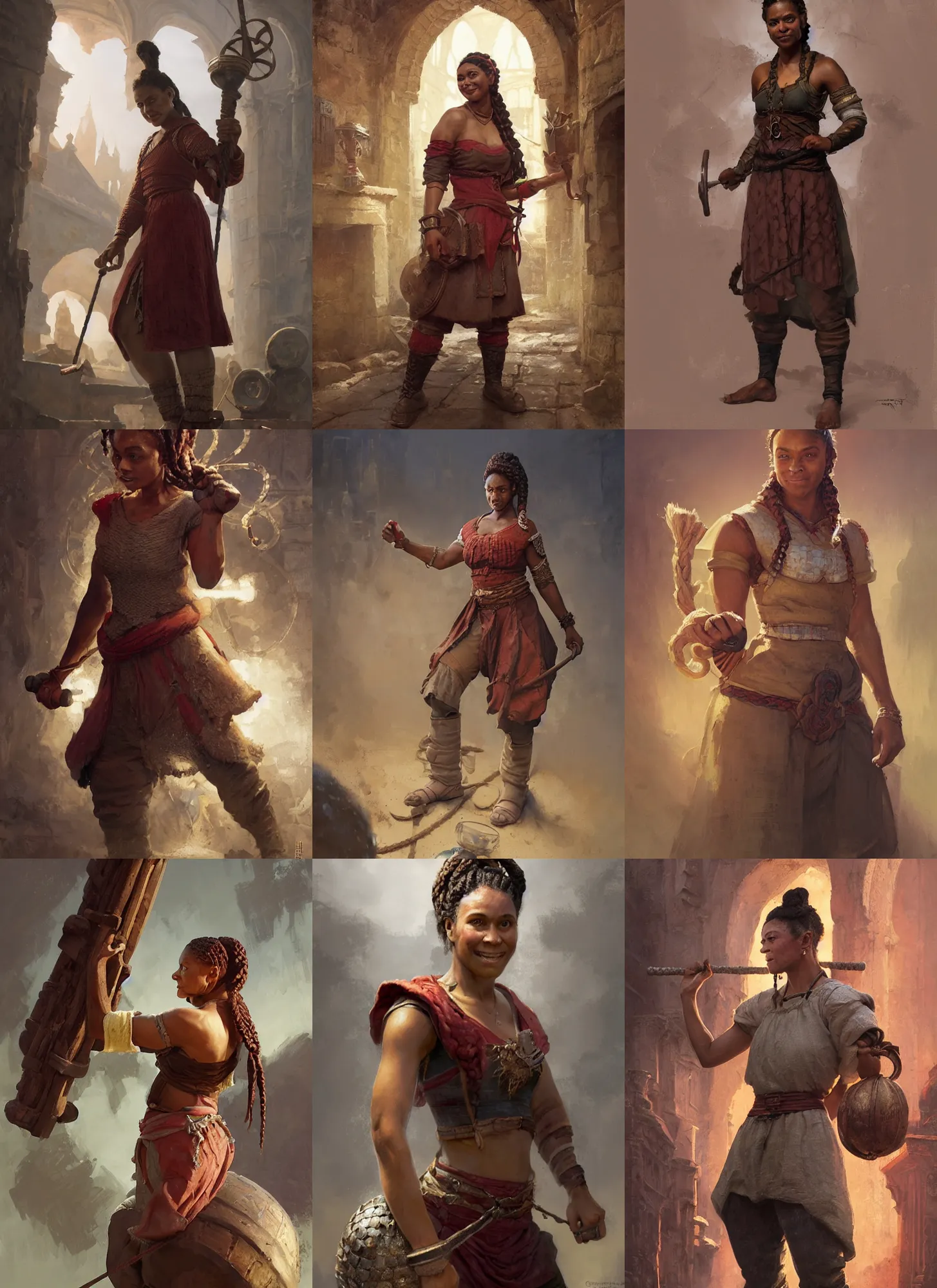 Prompt: a medieval shopkeeper from Trinidad, mixed-race woman, crimson single french braid bun, sarcastic and friendly, athletic crossfit build, smirking, fantasy character portrait by Greg Rutkowski, Craig Mullins, Gaston Bussiere