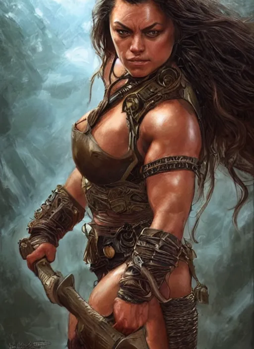 Image similar to exhausted Mila Kunis as a very muscled rugged looking Amazon, dirty, sweating, intricate, elegant, highly detailed, artstation, concept art, sharp focus, art by artgerm and donato giancola and Joseph Christian Leyendecker, WLOP