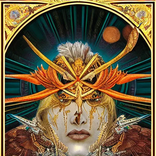 Image similar to portrait of garuda the mighty bird emperor made with brown feathers and thunder by Jeff Easley and Peter Elson + beautiful eyes, beautiful face + symmetry face + border and embellishments inspiried by alphonse mucha, fractals in the background, galaxy + baroque, gothic, surreal + highly detailed, intricate complexity, epic composition, magical atmosphere + masterpiece, award winning + trending on artstation