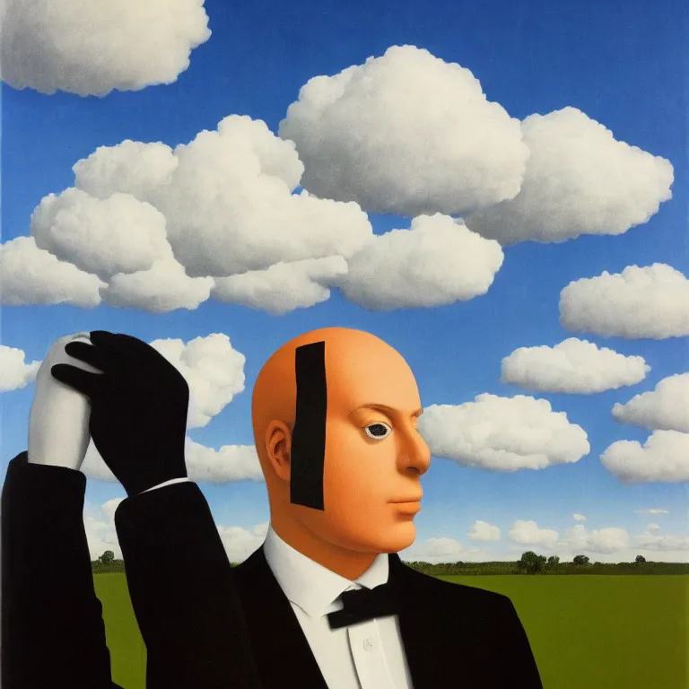 Image similar to portrait of a faceless reflective chrome - head man in a suit and black gloves, clouds and nature landscape in the background, by rene magritte, detailed painting, distance, centered, hd, hq, high resolution, high detail, 4 k, 8 k