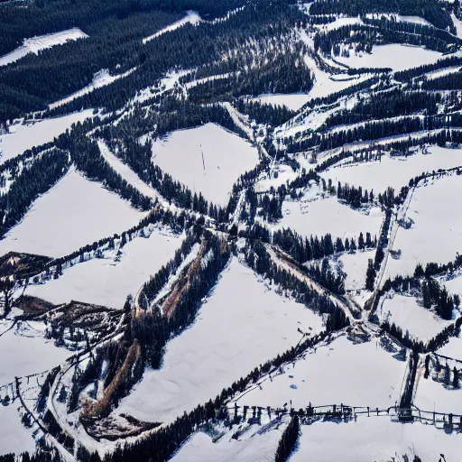 Prompt: sattelite image of post pocaliptic snow from 250 meters height, only snow, old lumber mill remains, few boozes with wood and supply, beautiful winter area