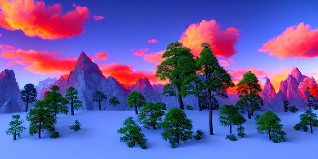 Image similar to a beautiful 3 d fantasy landscape art, orange clouds in the blue sky and green trees, snowy mountains, 3 d art, unreal engine 5, hyper realism