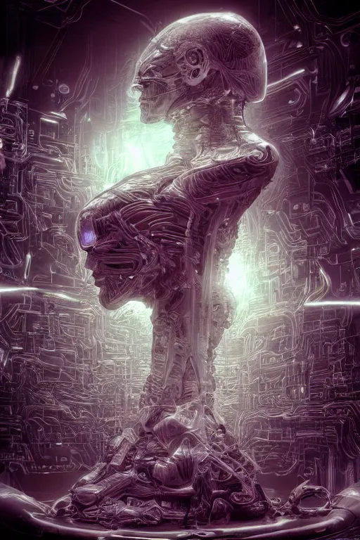 Prompt: the most amazing dream you ever had about transhumanism head artificial intelligent singularity, moebius, hyper realistic, concept art, intricate, hyper detailed, smooth, jim lee, high contrast, neon, volumetric lighting, octane, raytrace, snowcrash,