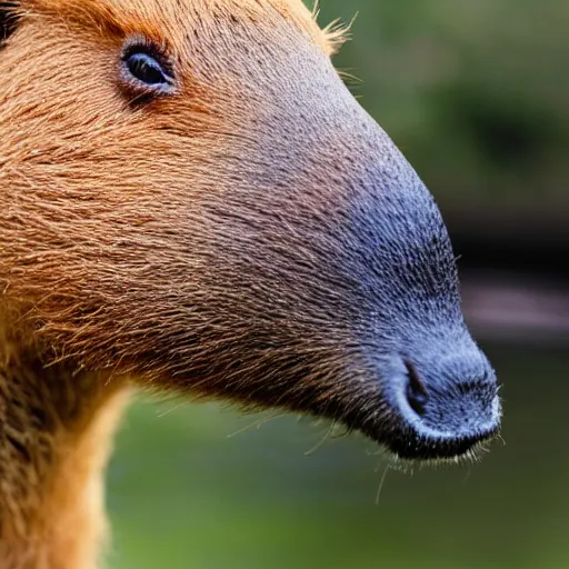 Image similar to a high detail photo of an antropomorphic capybara wearing a suit, subject= duck, subject detail: wearing a suit, photorealism