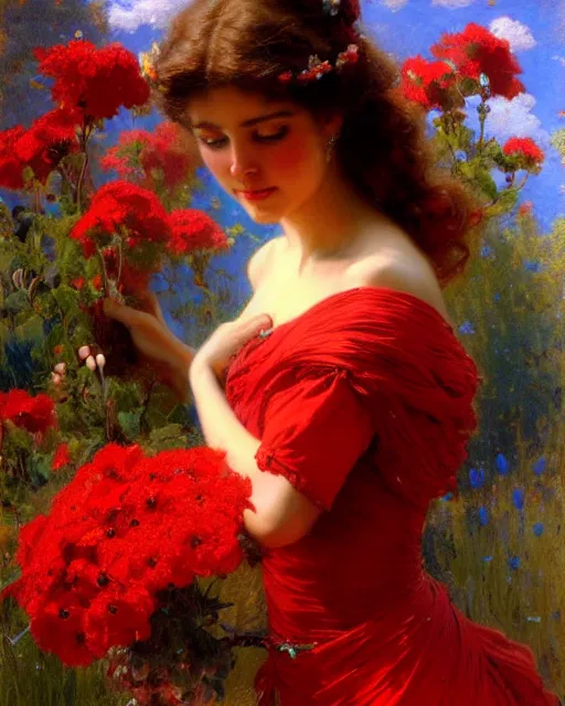 Prompt: an attractive girl wearing a red dress and surrounded by flowers. highly detailed painting by gaston bussiere, craig mullins, j. c. leyendecker 8 k