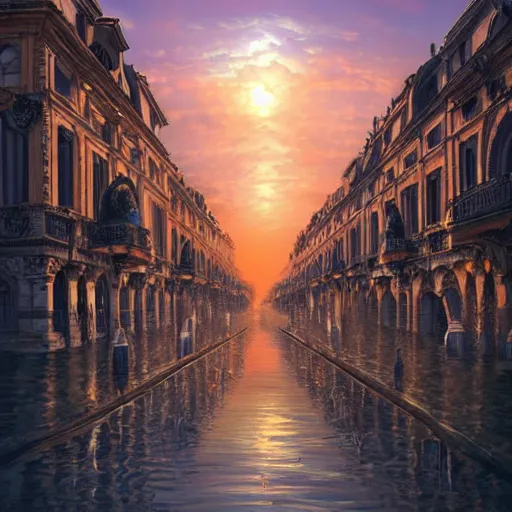 Image similar to magnificent baroque city floating in air, beautiful, surreal, highly detailed, sharp focus, sunset, by artgerm, cgsociety