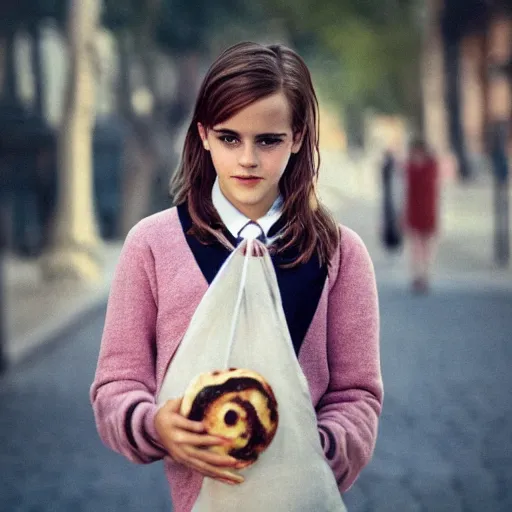 Prompt: photo of teenage emma watson as schoolgirl, holding string bag with bagels, street of moscow, shallow depth of field, cinematic, 8 0 mm, f 1. 8