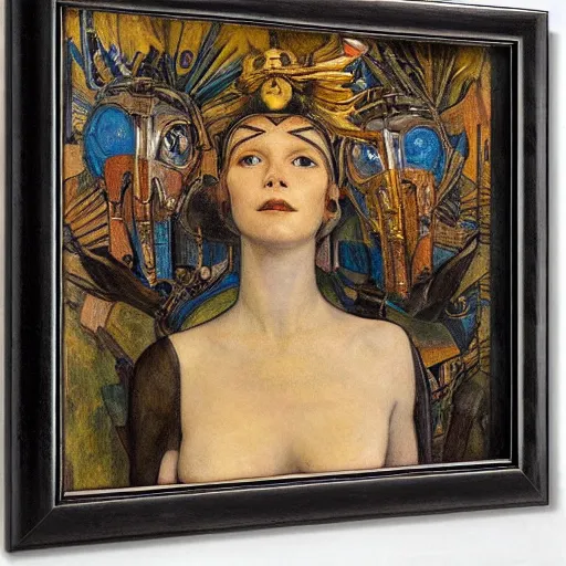 Image similar to the robot queen with her bird mask, by annie swynnerton and diego rivera and elihu vedder, symbolist, dramatic lighting, elaborate geometric ornament, art brut, soft cool colors, smooth, sharp focus, extremely detailed, adolf wolfli and donato giancola