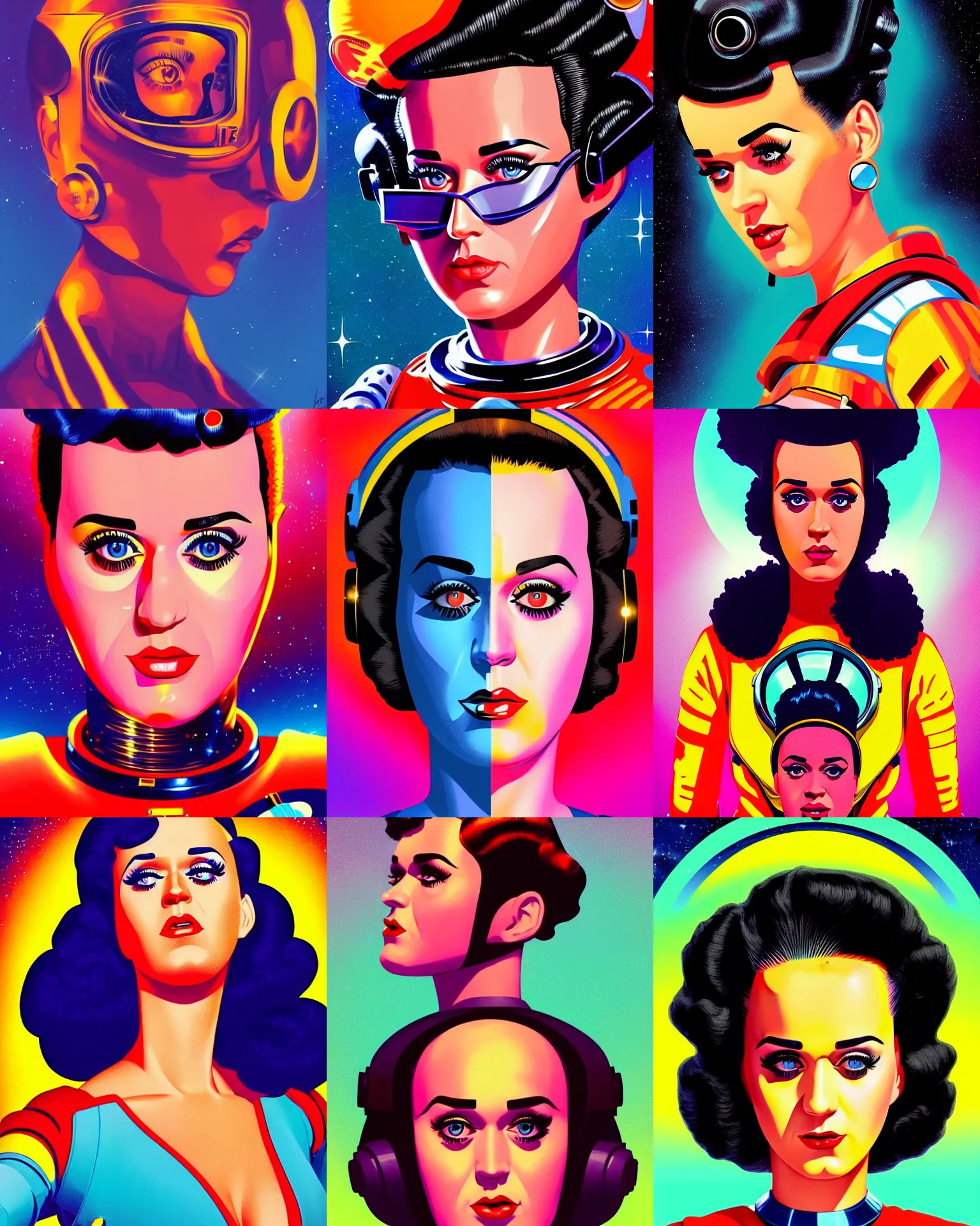 Prompt: katy perry 2 6 years old astronaut, afro futurism, forbidden planet 1 9 5 6, retro futurism 1 9 5 0 s, half portrait by stanley artgerm, dramatic lighting, ilya kuvshinov, trending on artstation, flat colour, geometric curves, gradient filter, pleasing tone colours,