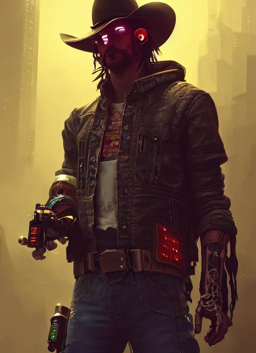 Image similar to cyberpunk cowboy, au naturel, hyper detailed, digital art, trending in artstation, cinematic lighting, studio quality, smooth render, unreal engine 5 rendered, octane render, art style by klimt and nixeu and ian sprigger and wlop and krenz cushart