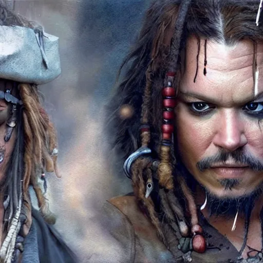 Image similar to hyperrealstic mixed media image of matt damon as captain jack sparrow, stunning 3 d render inspired art by istvan sandorfi and greg rutkowski, perfect facial symmetry, realistic, highly detailed attributes and atmosphere, dim volumetric cinematic lighting, 8 k octane extremely hyper - detailed render, post - processing, masterpiece
