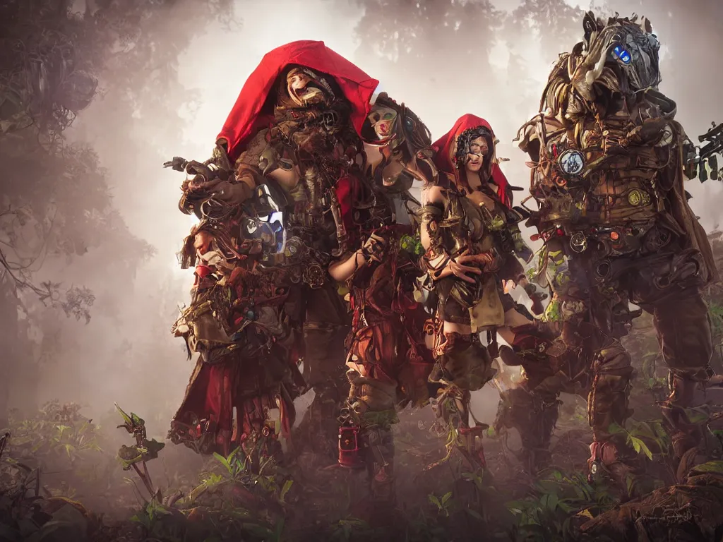 Image similar to red ridding hood and a troop of gamekeepers hunt mystical forest monsters. all wearing a steampunk and neonpunk mechanical fluorescent mystical animal masks. realistic fornite style. full body. product introduction photos. luminescent, elements, by stanley artgerm lau. epic cinematic shot, perfectly defined features, ambient occlusion