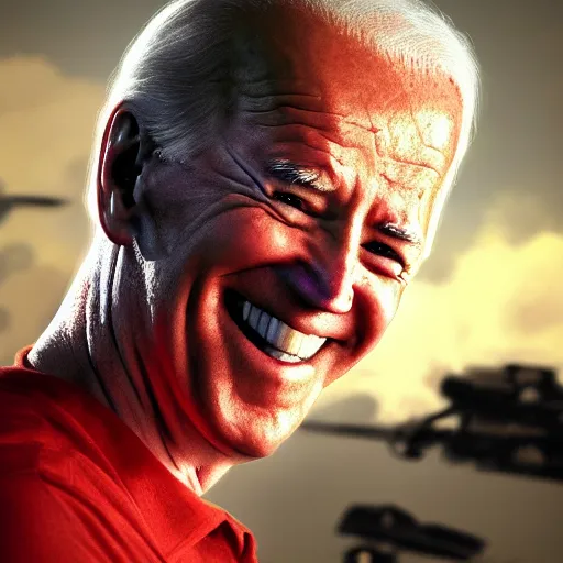 Image similar to joe biden smiling with blood in his face while behind him the world is burning, dramatic lighting, cinematic, establishing shot, extremly high detail, photorealistic, cinematic lighting, artstation, style by James Gurney