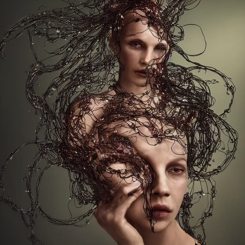 Prompt: portrait of a beautiful woman entangled in fleshy translucent tendrils, chaotic ferrofluids, occult, photography by annie leibovitz, octane render, glow, dramatic lighting, intricate fine ornaments, translucency, lighting 8k, cinematic, blur, shallow depth of field, neuro web, plasma