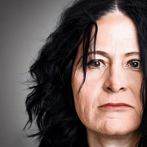 Prompt: an amazing award winning portrait photo of a middle aged woman with black long hair, cinematic masterpiece