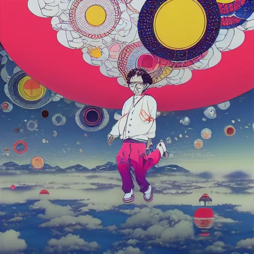 Image similar to a man walking on clouds away from the camera above kyoto by takashi murakami, beeple and james jean, aya takano color style, 4 k, super detailed, modern, 4 k, symmetrical