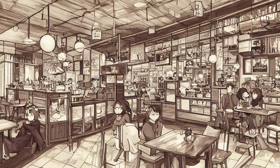 Image similar to interior of a coffee shop, anime style, cozy, drawing, highly detailed