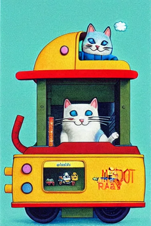 Image similar to ( ( ( ( ( ( ( a robot cat riding a cyber wagon ) ) ) ) ) ) ) by richard scarry!!!!!!!!!!!!!! muted colors, detailed