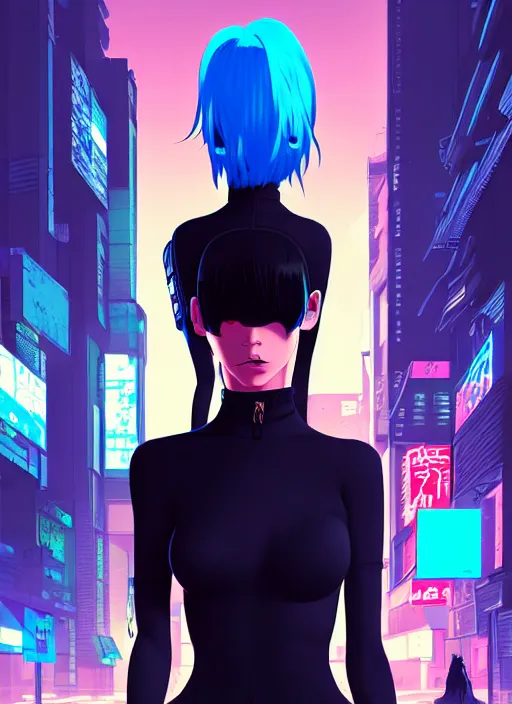 Image similar to digital illustration of cyberpunk pretty girl with blue hair, wearing a tight black dress, full body pose, in city street at night, by makoto shinkai, ilya kuvshinov, lois van baarle, rossdraws, basquiat