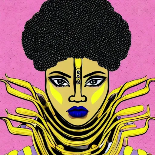 Image similar to black woman, afrofuturist, cell shaded, comic book style art, gold jewelry, african face paint, retro