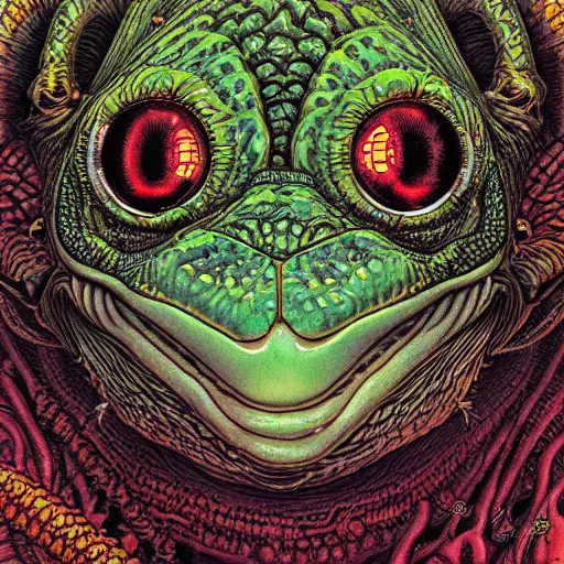 Image similar to portrait closeup of crazy pepetgte frog, symmetrical, cinematic colors, by yoichi hatakenaka, masamune shirow, josan gonzales and dan mumford, ayami kojima, takato yamamoto, barclay shaw, karol bak, yukito kishiro