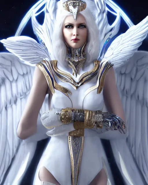 Image similar to perfect white haired egyptian goddess wearing white dove wings, warframe armor, regal, attractive, ornate, sultry, beautiful, charlize theron, half asian, pretty face, blue eyes, detailed, scifi platform, 4 k, ultra realistic, volumetric lighting, illuminated, cinematic, masterpiece, art by akihito tsukushi, voidstar