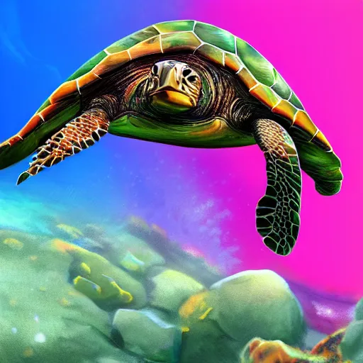 Prompt: the majestic sea turtle eats beautiful coral amongst the brightly colored sea life, digital art artstation