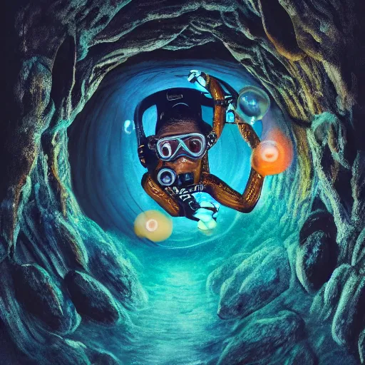 Prompt: diver in a cave underwater, ultra painting, artistic, cosmic, haunted, cave like teeth, bubbles, scary, dark, weird, 4k,