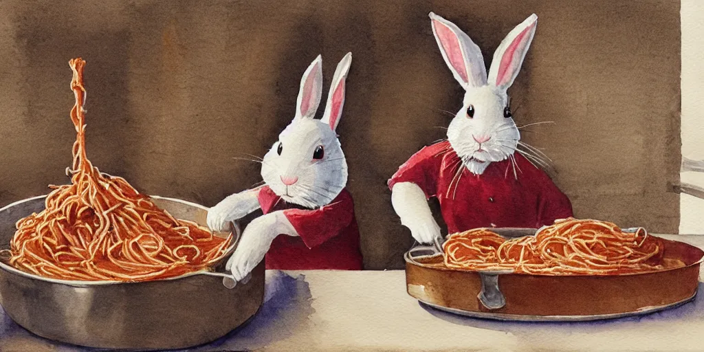 Image similar to a rabbit dressed as a chef cooks spaghetti bolognese in a french kitchen, watercolour